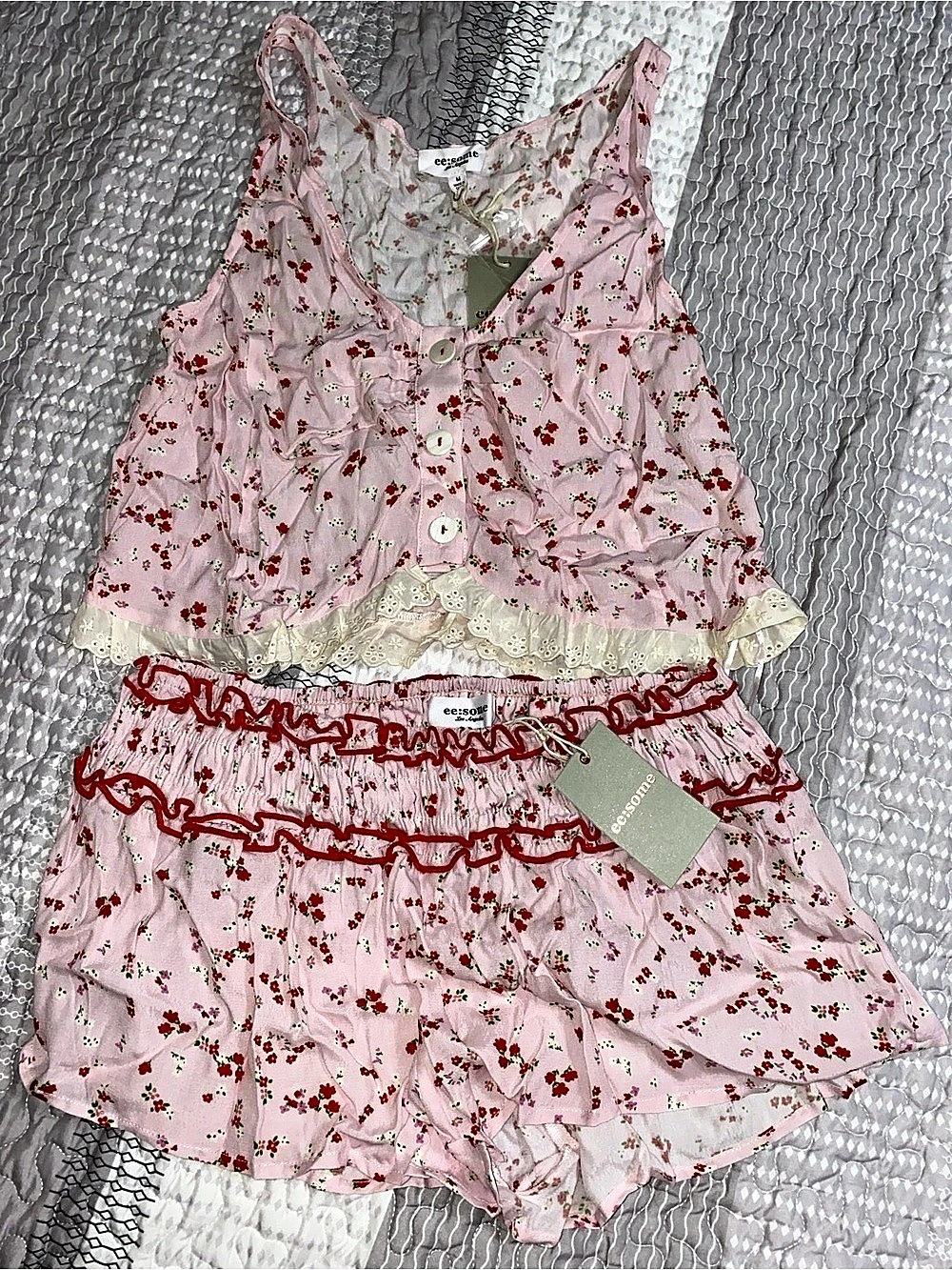 ee:some - Ruffles, Lace and Cuteness Women’s 2 piece PJ Set in Pink & Red Size M